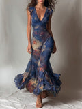Bohemian Artistic Print Sleeveless Ruffled Chiffon Dress