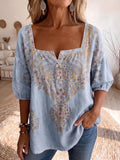 Women's Vintage-print Square-neck 3/4-sleeve Casual Loose Cotton-linen Top