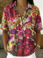 Women's Vintage Botanical Floral Casual Polo Collar Short-sleeved Linen And Cotton Shirt