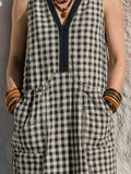 Black & White Gingham V-neck Linen-cotton Sleeveless A-line Dress