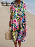 Colorful Spring Floral Garden Printed Women's Casual Cotton And Linen Shirt