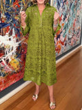Women's Solid-color V-neck 3/4-sleeve Casual Loose-fit Lace Dress