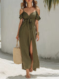Olive Green Cold Shoulder Tie-front Linen Cotton Maxi Dress