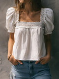 Casual Linen And Cotton Top With Lace Paneling