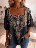 Women's Vintage-print Square-neck 3/4-sleeve Casual Loose Cotton-linen Top