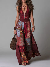 Vintage V-neck Patchwork Print Linen & Cotton Maxi Dress