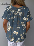 White Plum Blossom Pattern Printed Women's Casual Cotton And Linen Shirt