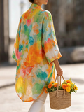 Artistic Watercolor Print Cotton-linen Cardigan & Vest Two-piece Set