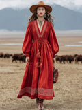 Western-style Vintage Embroidered Red Cotton And Linen Maxi Dress