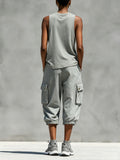 Light Gray Washed Cotton Crew Neck Sleeveless Tank Top & Drawstring Elastic Waist Multi-pocket Cargo Cropped Pants Set