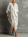 White & Beige Floral Print Kaftan Dress