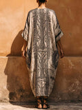Women's Casual Loose Cotton-linen Dress With Placement Print V-neck And 3/4 Sleeves