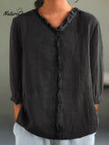 Women's Casual Cotton And Linen Ruffle Collar 3/4 Sleeve Shirt