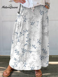 Women's Vintage Floral Art Linen Elastic waistband Pocket Skirt