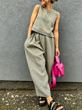 Retro Plaid Sleeveless Top& Wide-leg Pants Two-piece Set