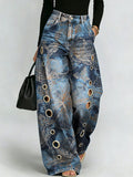 Printed Curved-leg Jeans With Metal Ring Accents