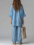 Women's Solid Color Art Stylish Casual Top And Pants Cotton Linen Two-Piece Set
