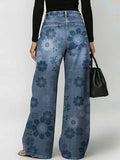 Women's Retro Floral Art Print Casual Stylish Hollow Denim Pants