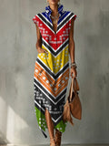 Colorful Exotic Totem Decorative Patterns Women's No Sleeve Bud Collar Linen Cotton Dress
