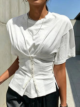 Women's White Short-Sleeve T-Shirt with Faux Two-Piece Waist-Cinching Design