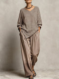 Women's Striped Print V-neck Long-sleeve Casual Loose Cotton-linen Top & High-waisted Wide-leg Pants Set