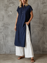 Women's Simple Navy Blue Linen-cotton Half-placket Long Shirt & White High-waisted Wide-leg Linen-cotton Trousers Set