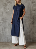 Women's Simple Navy Blue Linen-cotton Half-placket Long Shirt & White High-waisted Wide-leg Linen-cotton Trousers Set