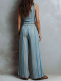 Women's Striped Print V-neck Sleeveless Casual Loose Cotton-linen Top And High-waisted Loose Wide-leg Pants Set