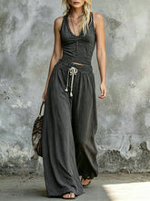 Crinkled Cotton-linen Vest + Drawstring Wide-leg Pants Set