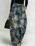 Elegant Floral Decorative Patterns Women's Casual Cotton Denim Pants
