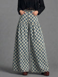 Retro Plaid Print Wide-leg Jeans
