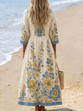 Women's Embroidered Pattern Print Casual V-neck Cotton-linen Dress