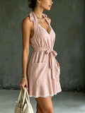 Women's Pockets And Lace-up Lace Trim Detail Casual Halter Dress