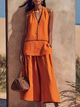 Women's Halter-neck V-neck Sleeveless Top & Wide-leg Pants Loose-fit Set With Contrast Trim