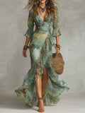 Women's Ruffled Floral Art Print Casual Stylish Comfortable Long Dress
