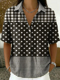Women's Retro Short-sleeve Shirt: Cotton-linen Blend With Plaid, Polka Dot, And Stripe Print Paneling