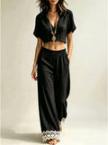 Women's V-neck Short-sleeve Top And Lace-trimmed Pants Set
