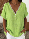 Solid-Color Short-Sleeve Top with Lace-Trimmed Collar
