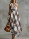 Women's Casual Loose-fit Sleeveless Cowl-neck Plaid Print Dress