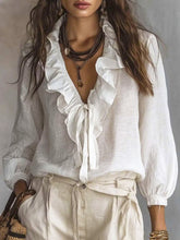 Women's Ruffled Art Casual Stylish Long Sleeve Cotton Linen Shirt