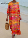 Women's Artistic Color Block Texture Pattern Pocket Cotton Dress