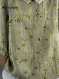 Women's Vintage Floral Art Print Casual Cotton And Linen 3/4 Sleeve Shirt