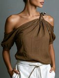 Women's Casual Brown Cotton-Linen Top