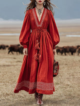 Western-style Vintage Embroidered Red Cotton And Linen Maxi Dress