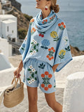 Women'S Casual Vacation Printed Loose Top, Shorts, And Scarf Set