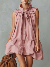 Women's Retro Vacation-style Stand Collar Front-button And Ruffled Trim Pink Cotton-linen Mini Dress