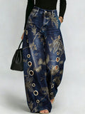 Printed Curved-leg Jeans With Metal Ring Accents