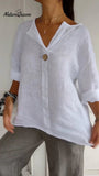 V-neck cotton and linen button top