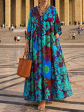 Women's Abstract Print V-neck Long-sleeve Loose-fit Cotton-linen Casual Dress