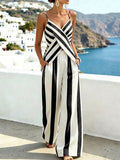 Women's Striped Print V-neck Sleeveless Loose-fit Cotton-linen Camisole Top & High-waisted Loose-fit Wide-leg Pants Set